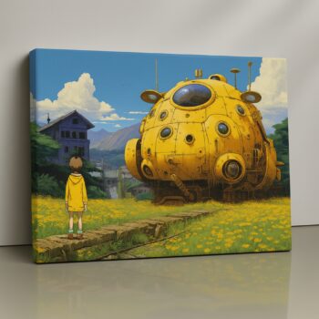 Child facing a large yellow futuristic structure in a floral field print