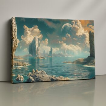 Dreamlike ocean scene with towering rocks and a celestial sky print