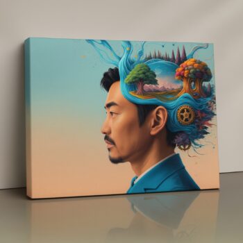 Person seated on a chair with a cloud replacing the head print