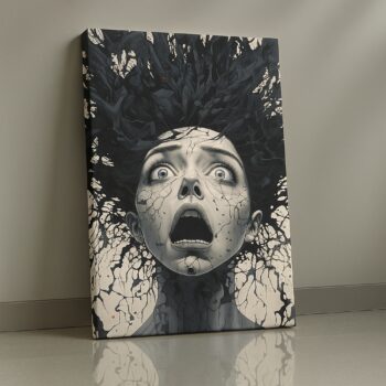 Cracked Silence black and white face canvas wall art by Artfy Canvas – dramatic décor.