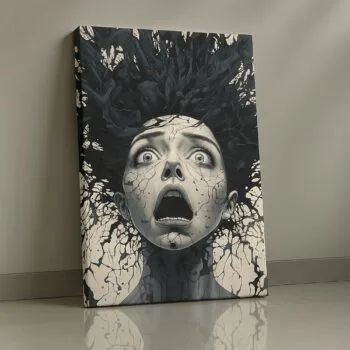 Cracked Silence black and white face canvas wall art by Artfy Canvas – dramatic décor.